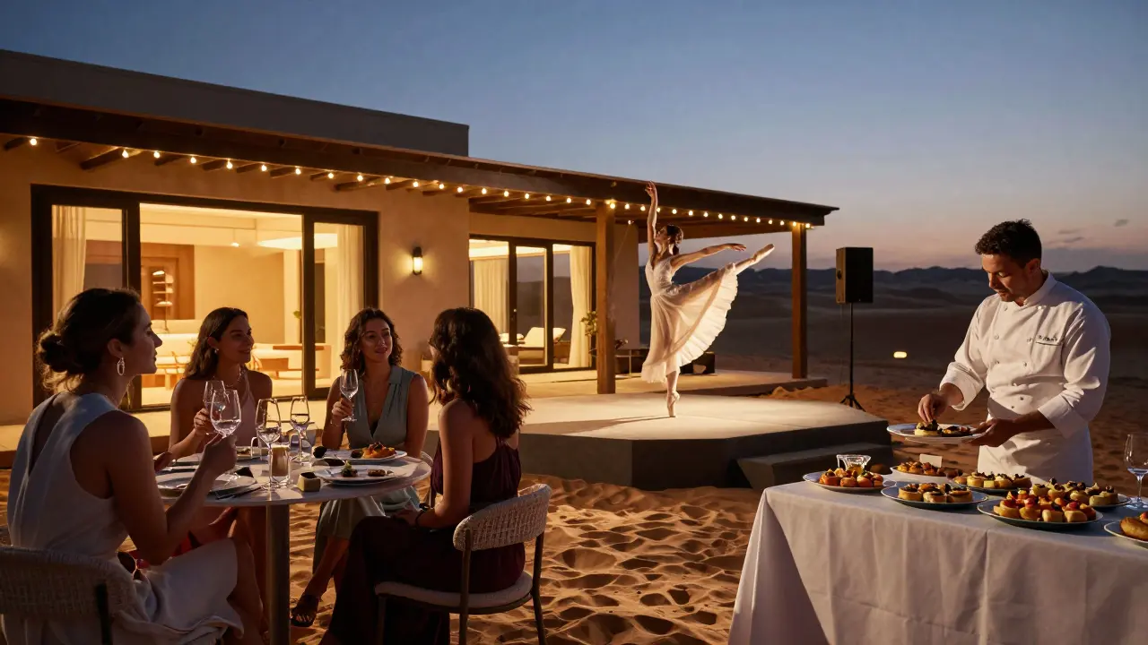 A private celebration in a desert villa featuring a ballet dancer performing under string lights among elegantly dressed guests.