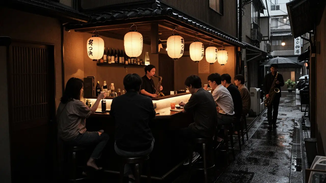 A quiet Tokyo jazz bar with dim lighting, seven patrons, and a saxophonist playing softly in a narrow alley.