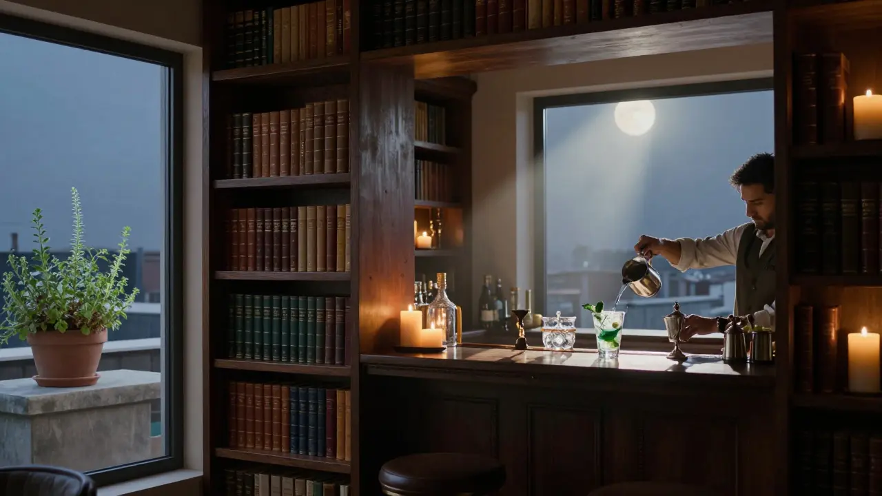 A secret bar inside a library, with books, candlelight, and a bartender pouring a herbal cocktail by moonlight.