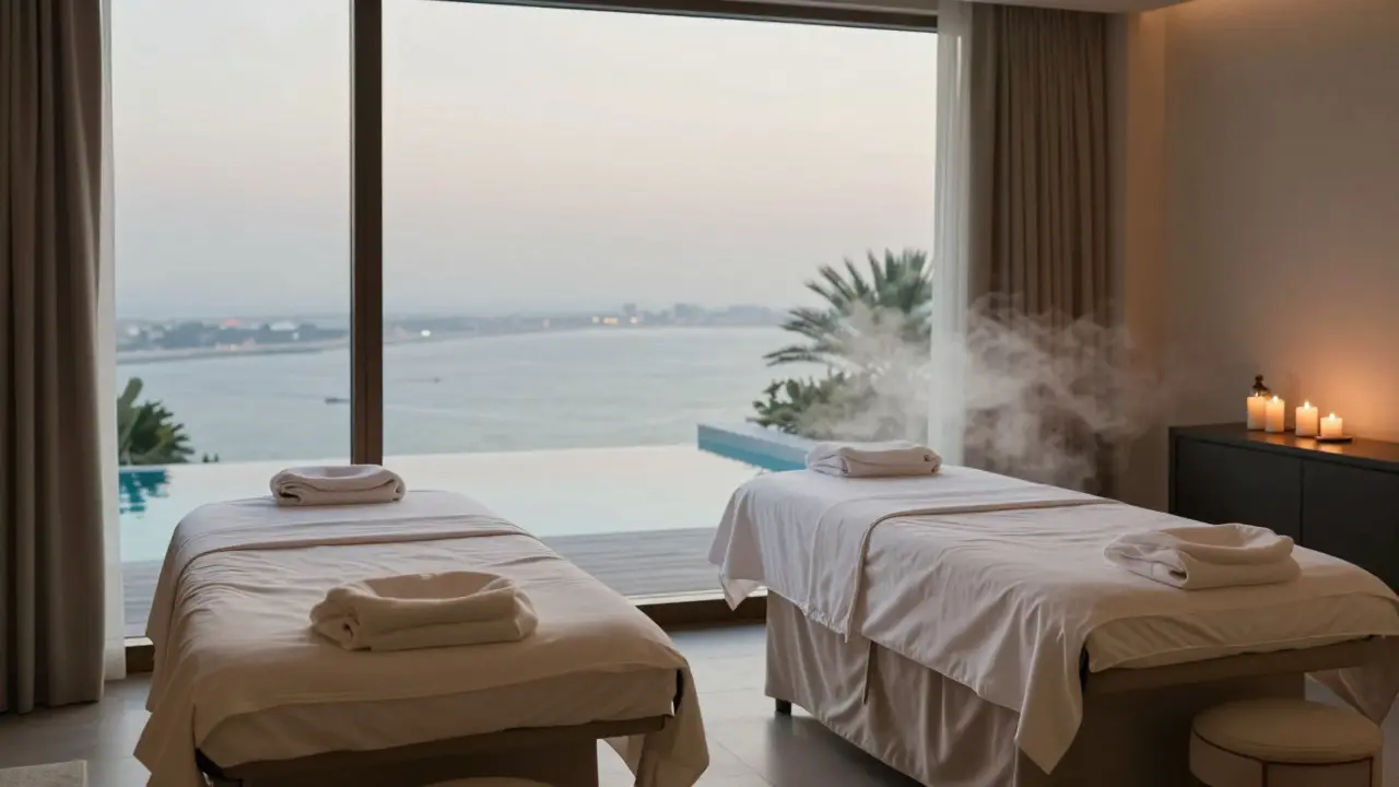 A serene couples' spa room with candlelight, infinity pool view, and silk robes in a Dubai luxury resort.