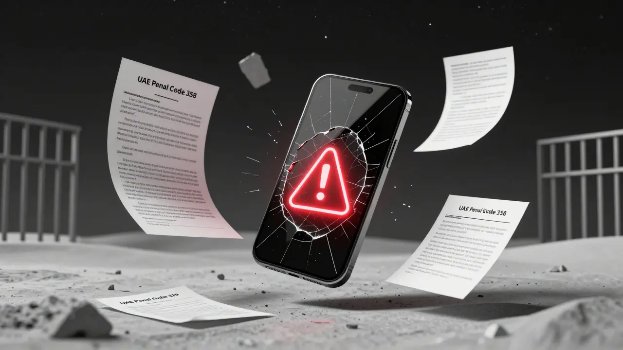 A shattered smartphone surrounded by legal documents, prison bars, and deportation notices against a desert night sky.