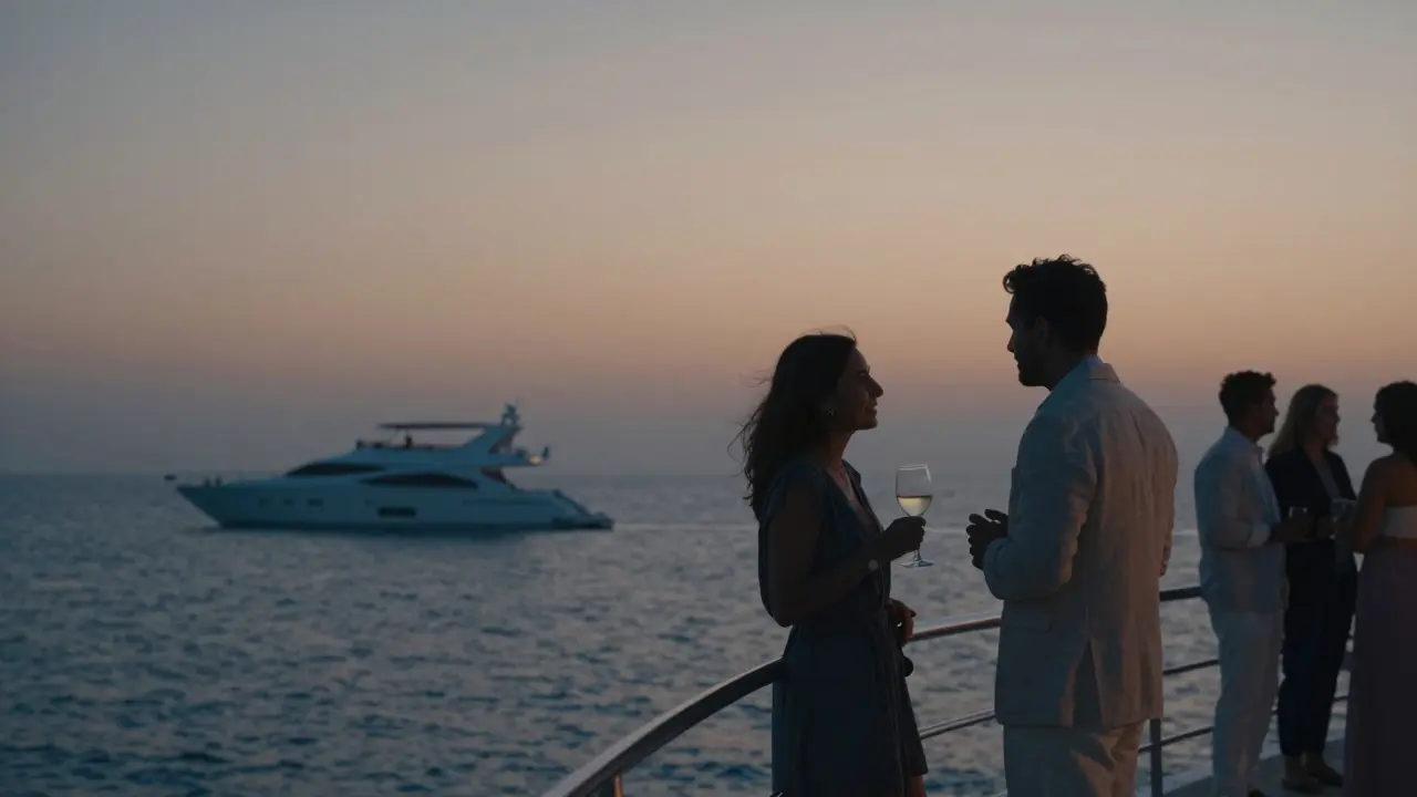 A silhouette of guests on a private yacht at dusk, overlooking the calm sea under a fading sunset.