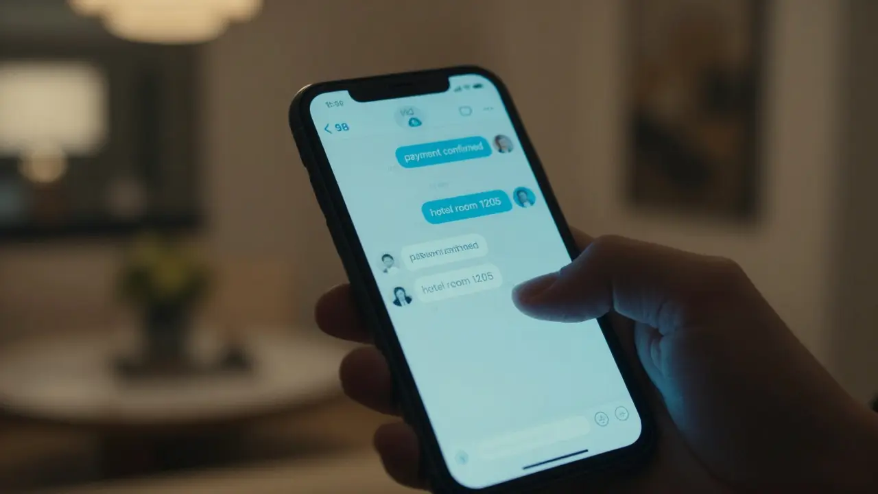 A smartphone displays encrypted messages about a hotel meeting, glowing in dim light.