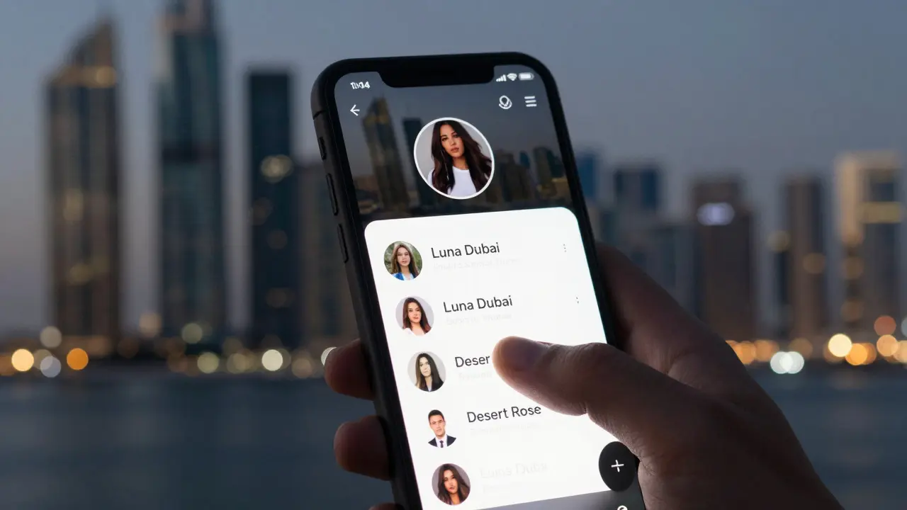 A smartphone screen displays private subscription names like 'Luna Dubai' against a blurred city skyline.