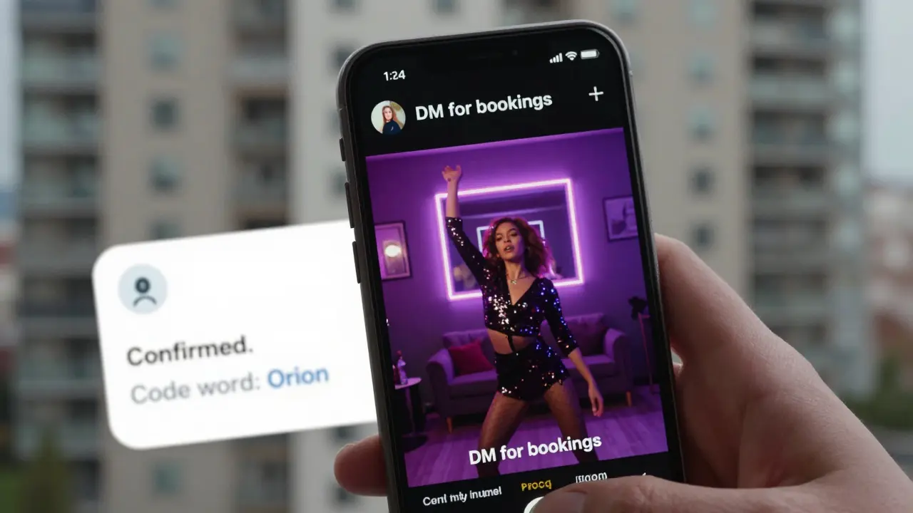 A smartphone screen shows an Instagram reel with a blurred caption saying 'DM for bookings' in a private lounge setting.
