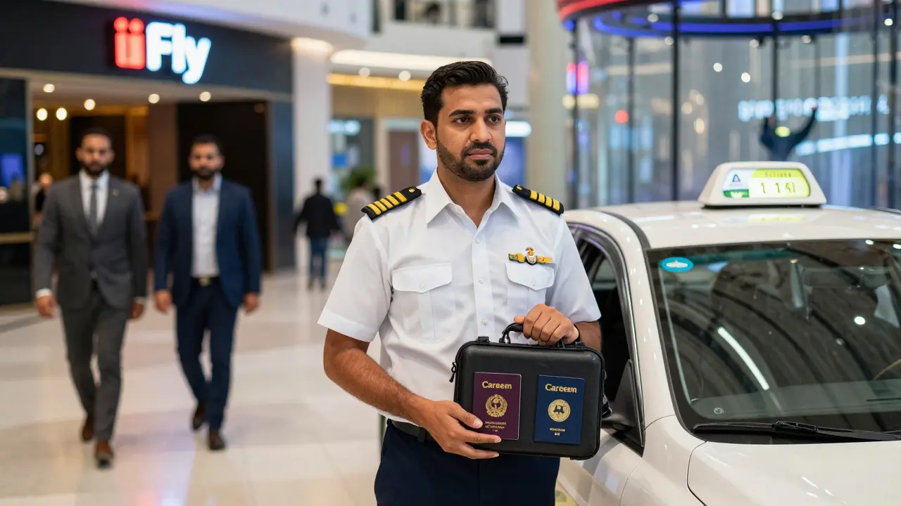 A sober captain holding passports beside a licensed taxi, with Dubai's modern skyline in the distance.