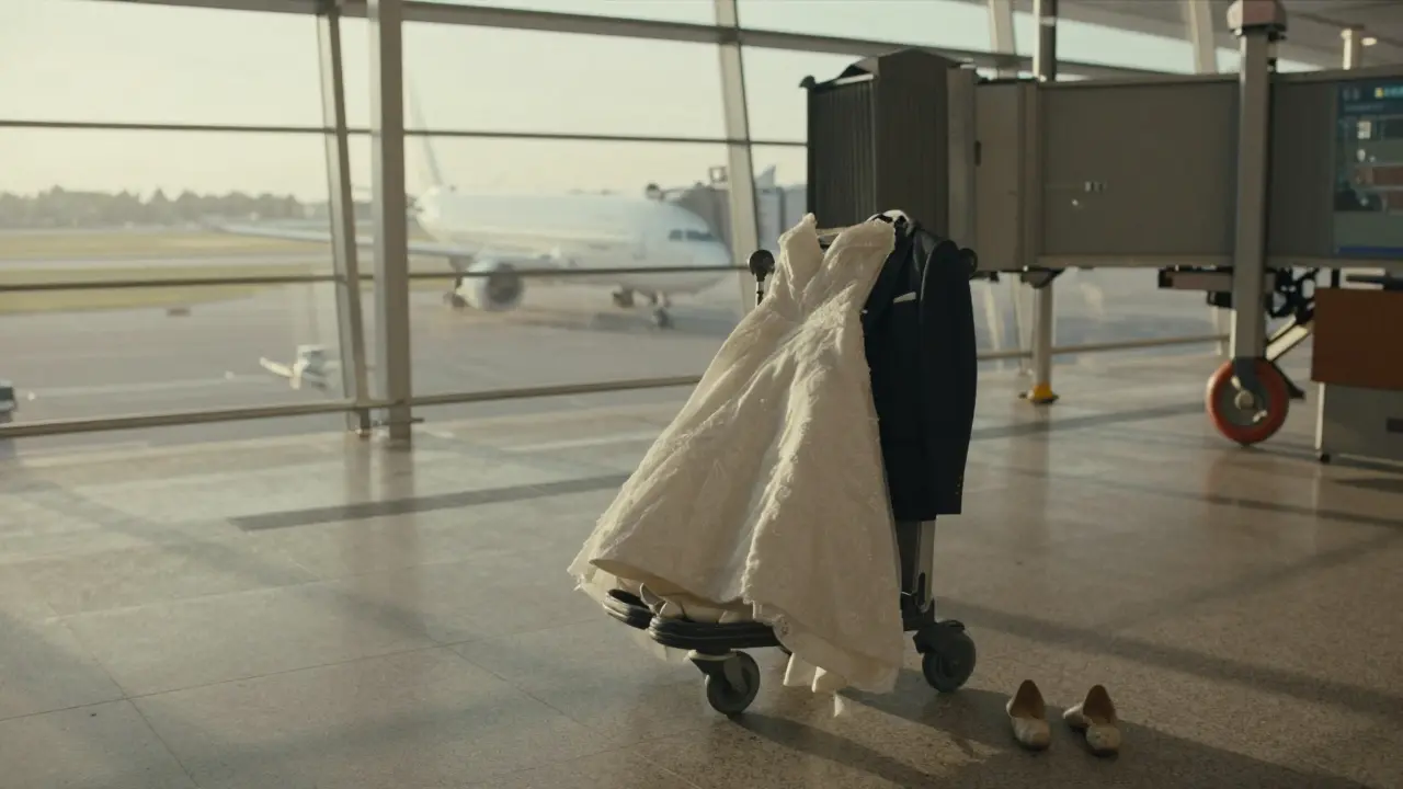 A suitcase at an airport gate containing a wedding dress and suit, dawn light streaming in.