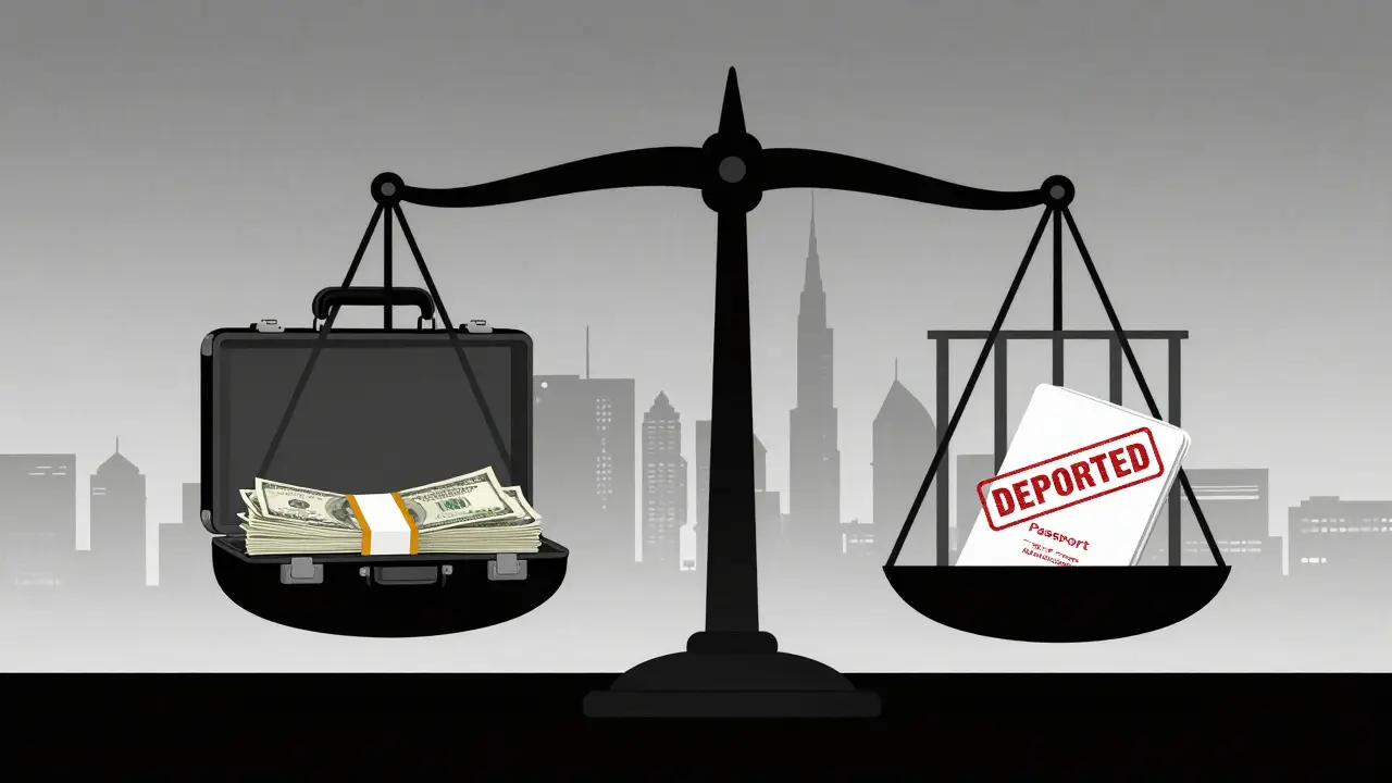 A symbolic scale balances cash against prison bars and a deported passport.