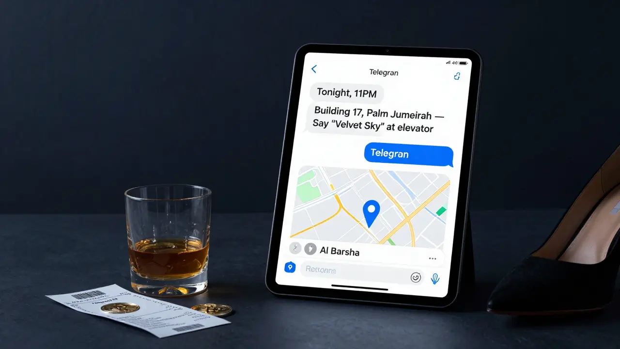 A Telegram chat displays event details for a private gathering in Dubai, with a whiskey glass and payment receipt nearby.