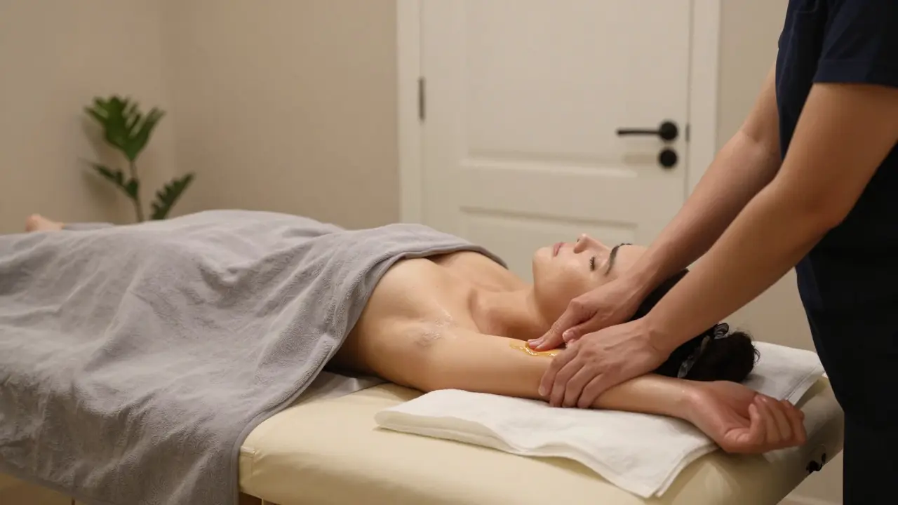 A therapist gently touches a client's arm during a consensual, non-erotic body awareness session in a serene Dubai clinic.