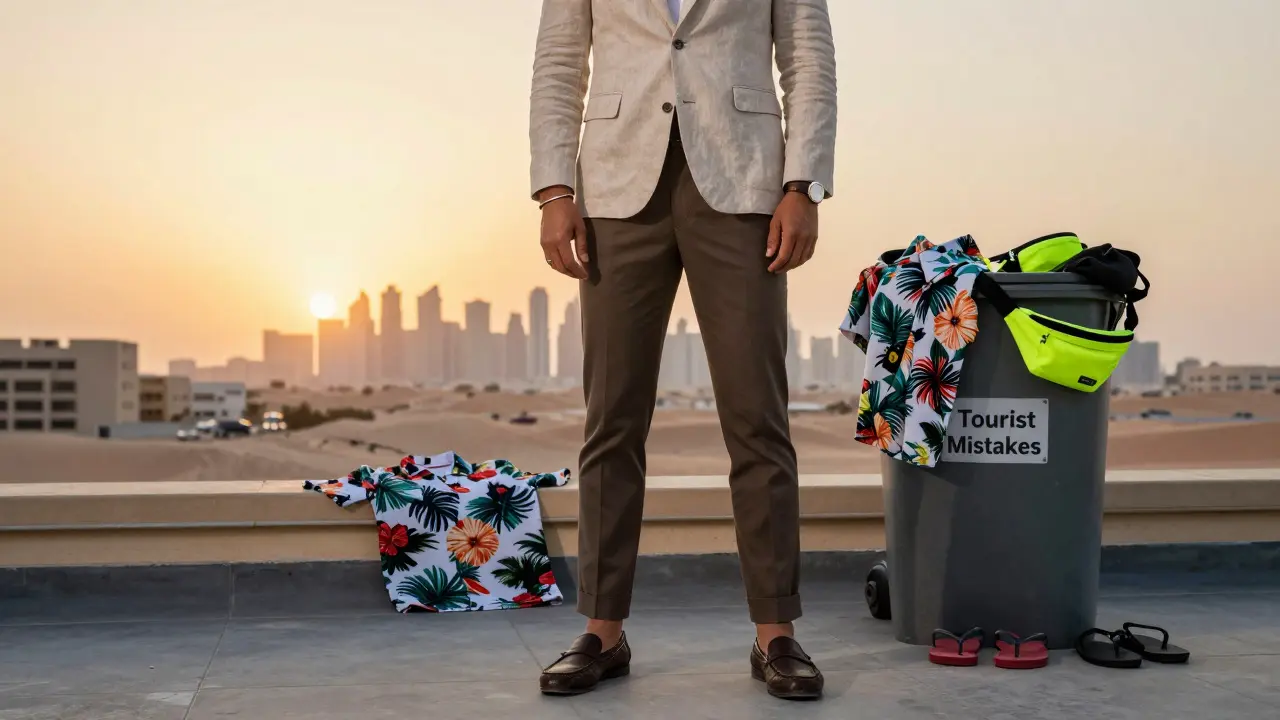 A well-dressed man on a Dubai rooftop at sunset, with tourist mistakes discarded nearby in a trash bin.