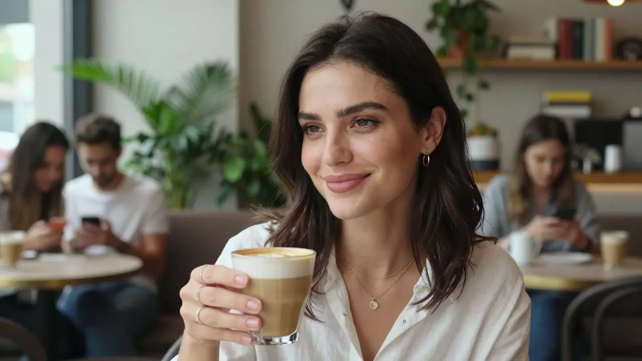 A woman in a Dubai coffee shop, smiling naturally, blending into everyday life with quiet confidence.