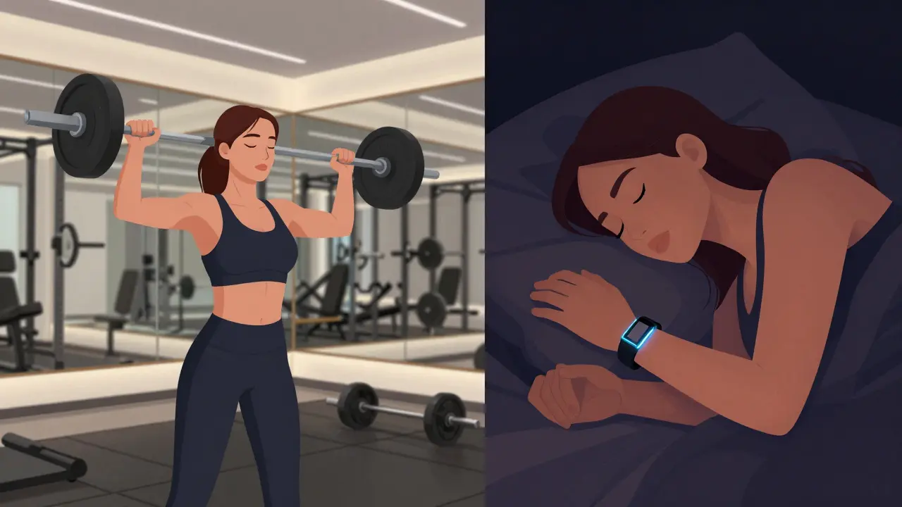 A woman lifting weights in a gym and sleeping peacefully at night, connected by light.
