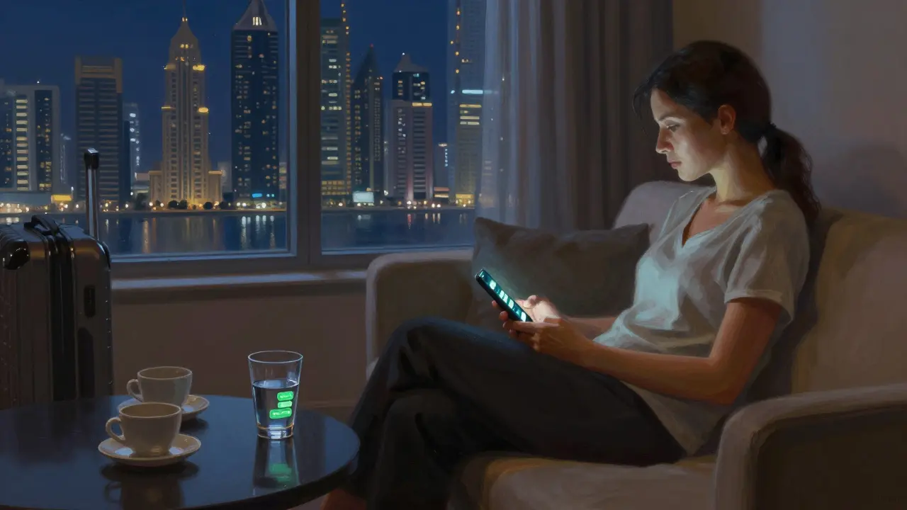 A woman sits alone in a modern Dubai apartment, glowing phone and empty glass on the table, skyline visible through the window.