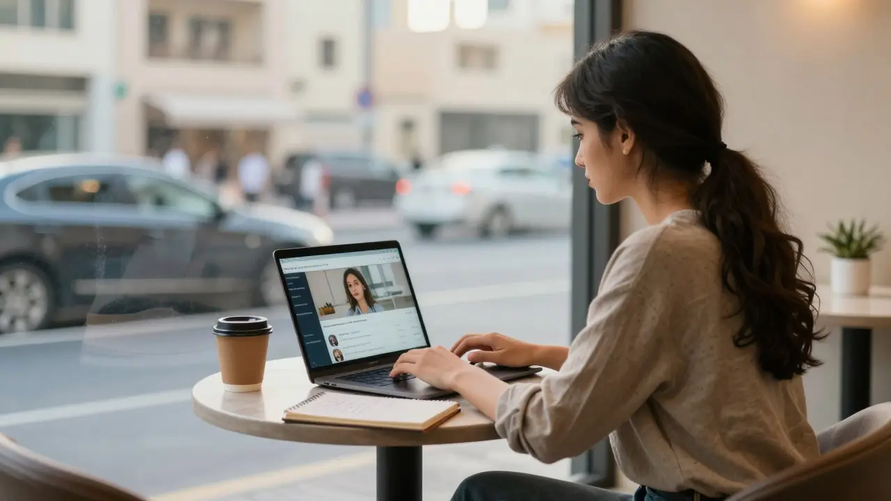 A woman working alone at a café, engaged in a virtual companionship session via laptop.