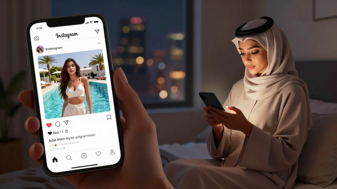 A young Emirati woman in abaya scrolling Instagram, shown in split view with a hidden engagement ring in her hand.