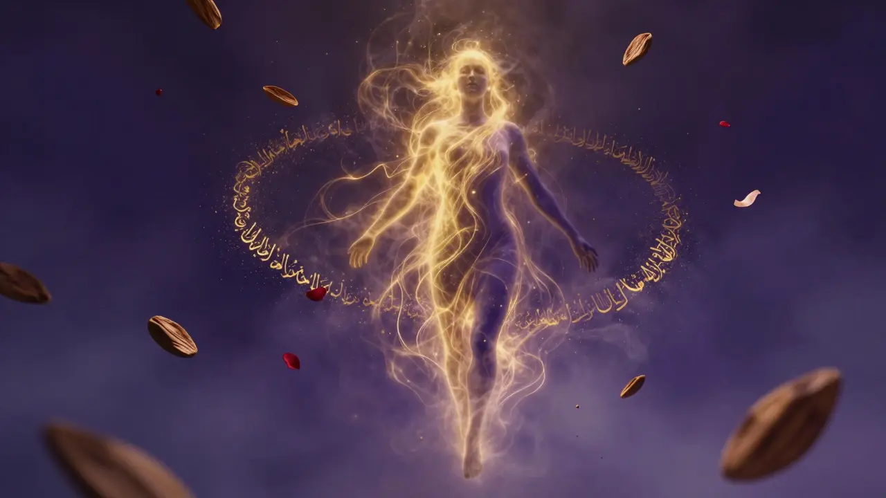 An abstract human form made of golden light and indigo shadows, surrounded by floating rose petals and mist.