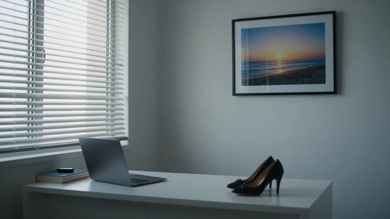 An empty Dubai apartment at dawn, with a hidden USB drive and lone high heels, suggesting a life lived in secrecy.
