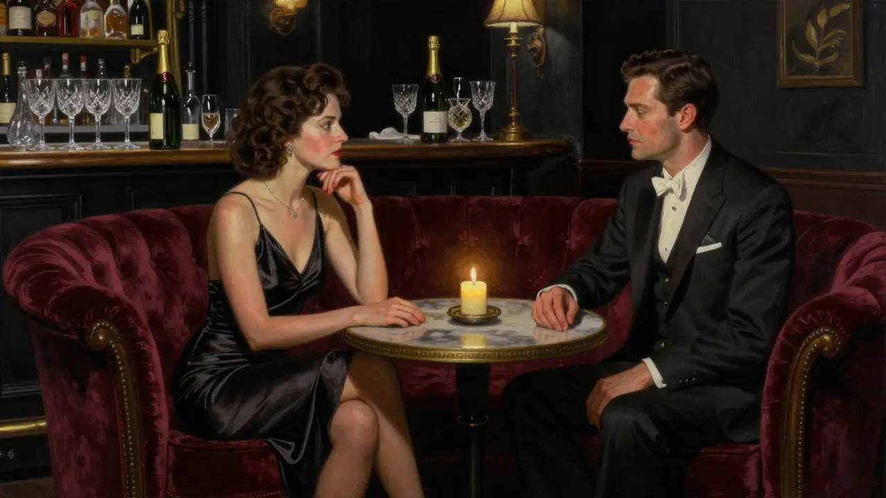 An intimate lounge with a vintage bar and two elegantly dressed individuals sharing quiet conversation.