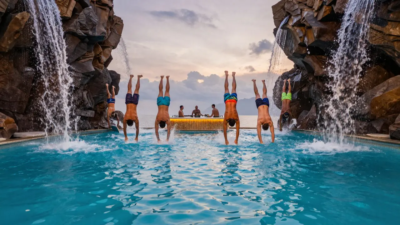 Bachelor party group diving into a luxury pool at Atlantis The Royal, water frozen mid-splash.