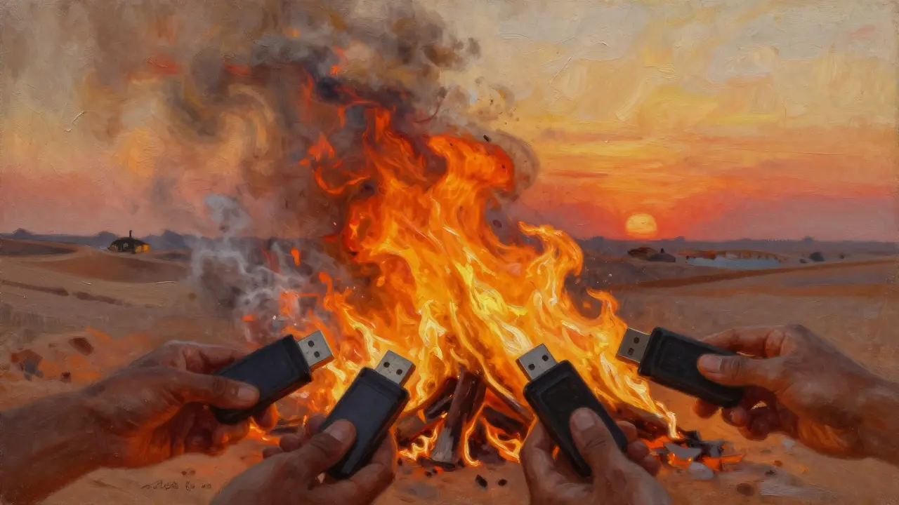 Confiscated media burning in desert under sunset
