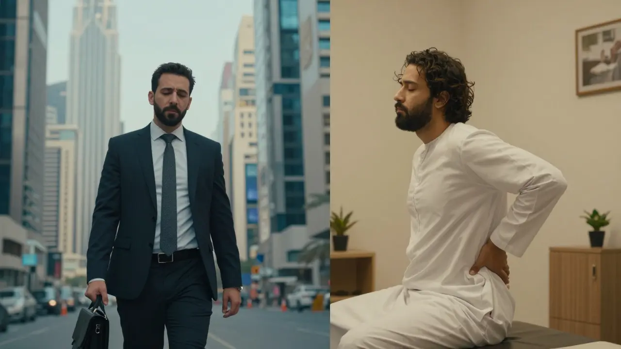 Contrast between urban stress and peaceful therapeutic relaxation in Dubai.