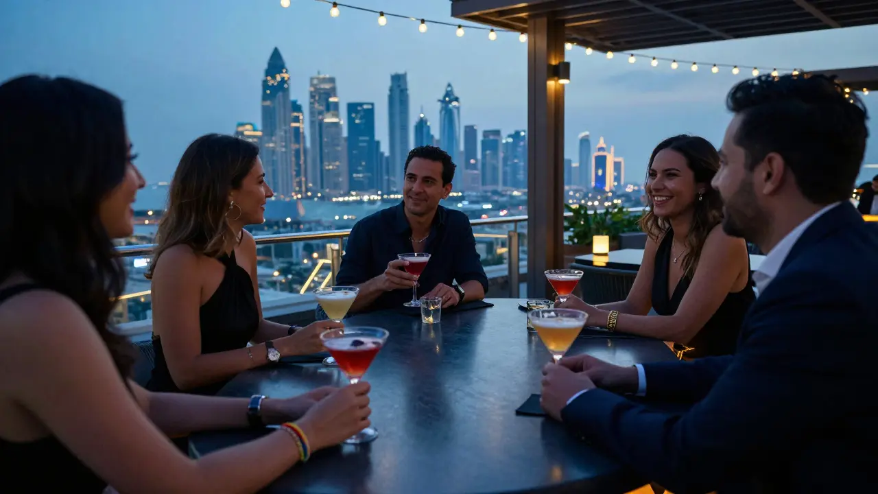 Couples and friends enjoying cocktails on a luxury Dubai rooftop at dusk, dressed elegantly and quietly.