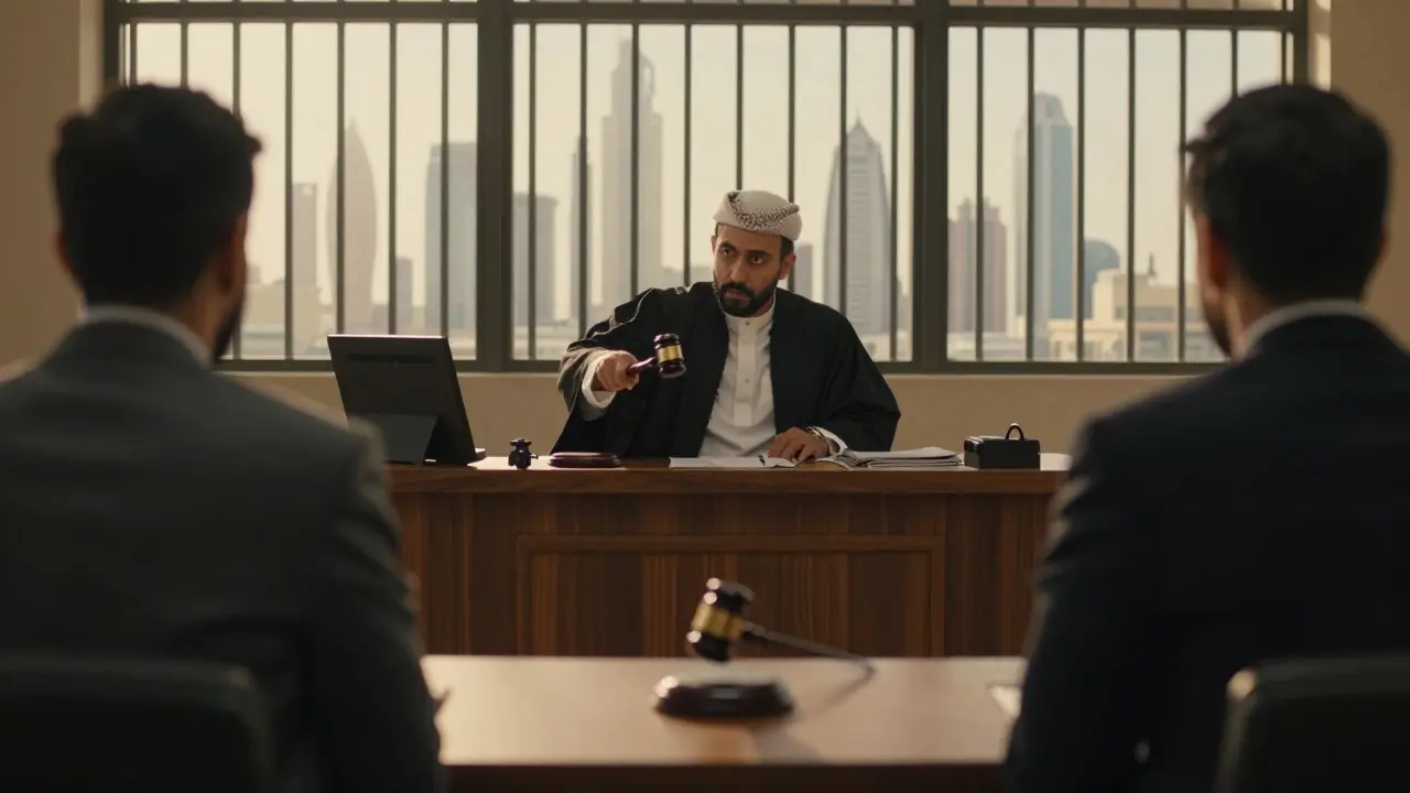 Courtroom gavel and handcuffed individuals