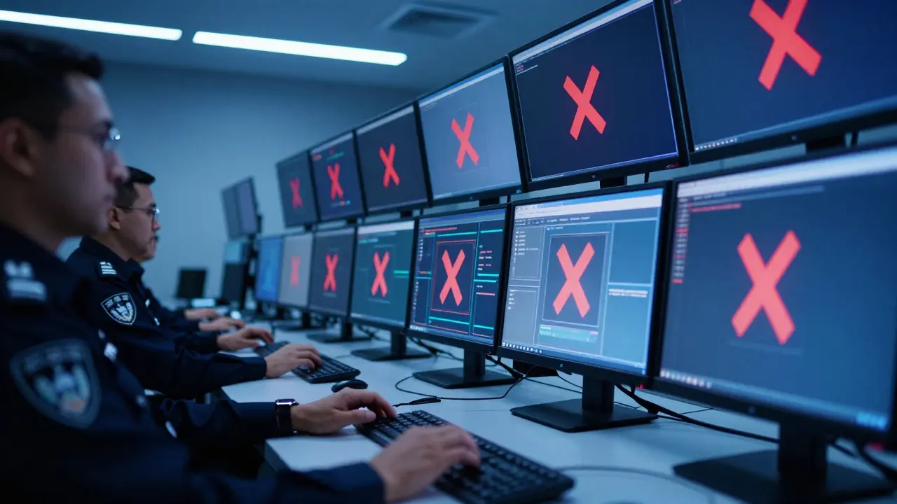 Cybercrime officers monitoring blocked website symbols in command center