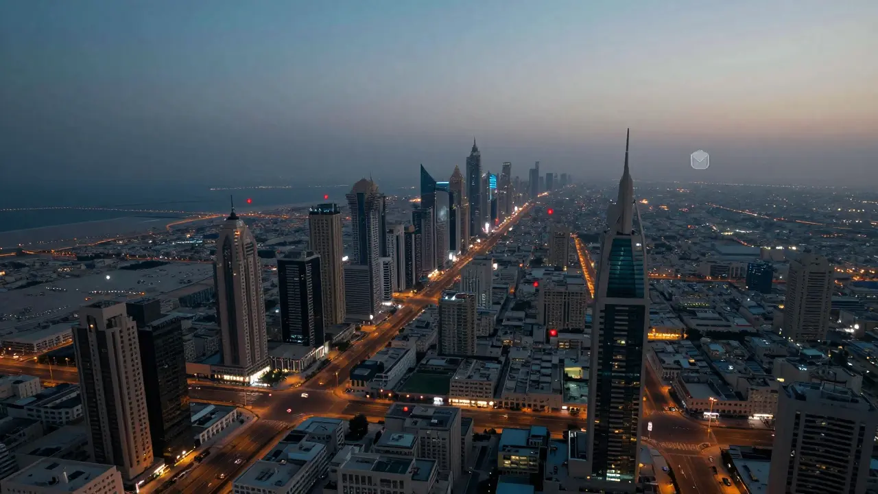 Dubai cityscape at dusk with hidden risk markers indicating police raids on illegal spas.