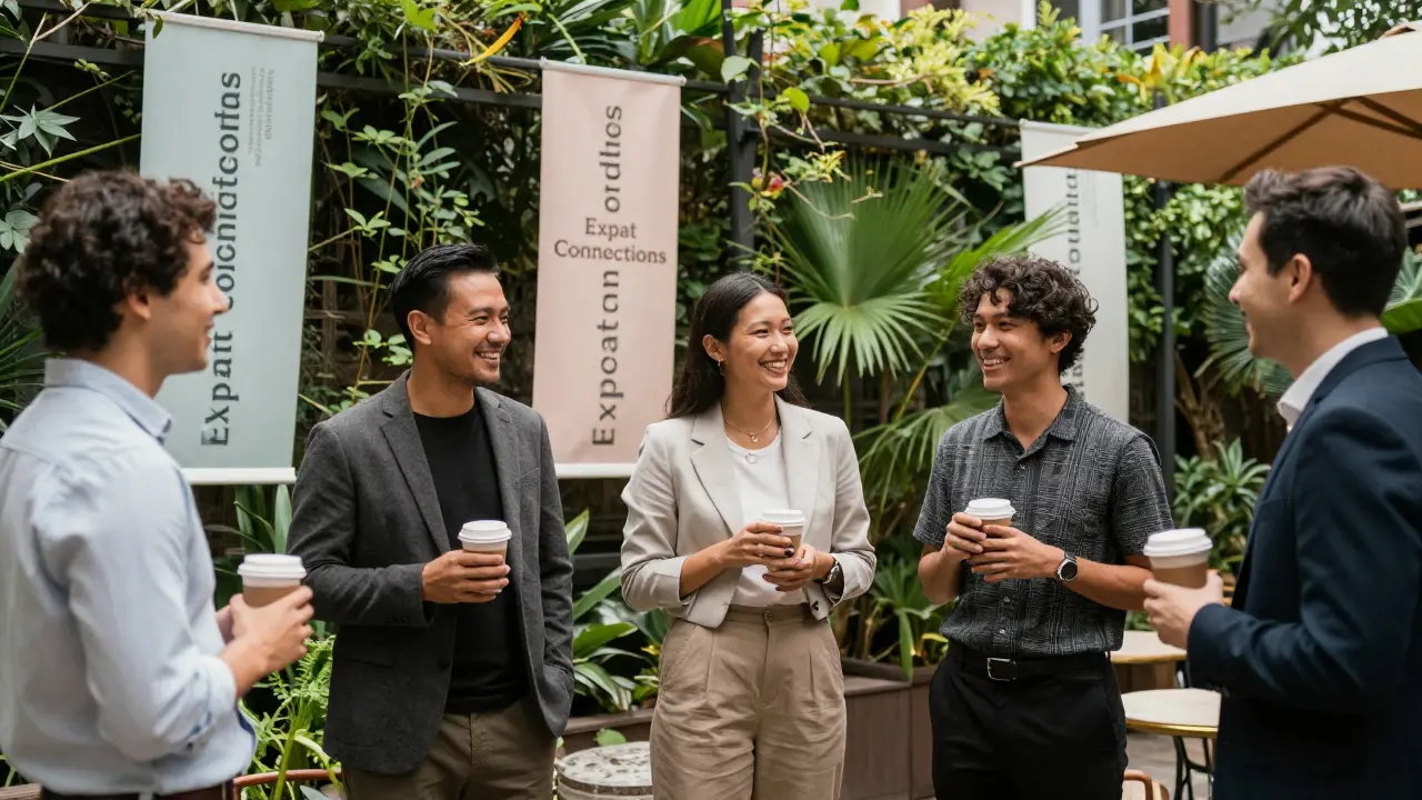 Expats at a social event in a garden, interacting casually without physical contact, embassy signage visible.
