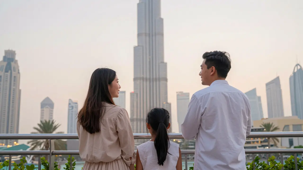 Family viewing Burj Khalifa sunset in Dubai