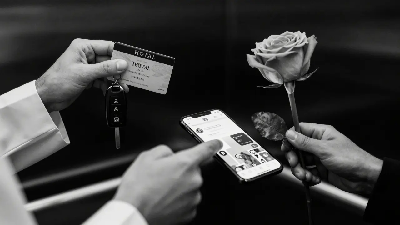 Fragmented hands holding a hotel keycard, smartphone, and a rose in a dim elevator, symbolizing discreet companionship.