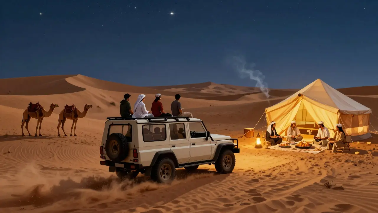 Friends enjoying a desert safari at dusk with dune bashing, camels, and a Bedouin dinner under the stars.