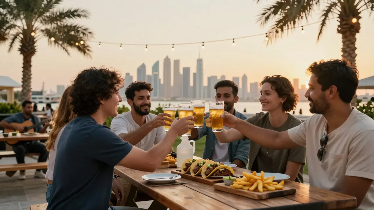 Friends enjoying craft beer and street food in a cozy outdoor beer garden with string lights and Dubai skyline behind.