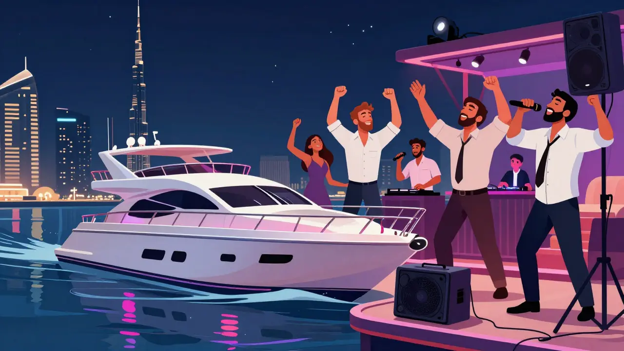 Friends singing Arabic karaoke on a luxury yacht at night, Burj Khalifa glowing in the background under neon lights.