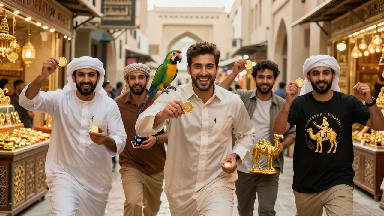Group in Dubai's gold souk holding quirky purchases like a parrot and golden camel figurine, surrounded by glittering gold stalls.