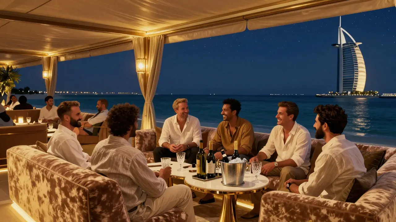 Group relaxing in a private VIP cabana on Palm Jumeirah with skyline views and bottle service.