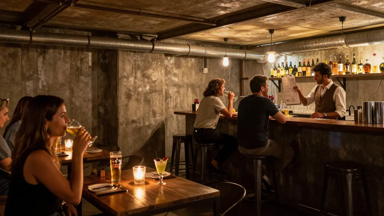 Industrial basement bar with patrons sipping discounted beers and cocktails in dim amber lighting.