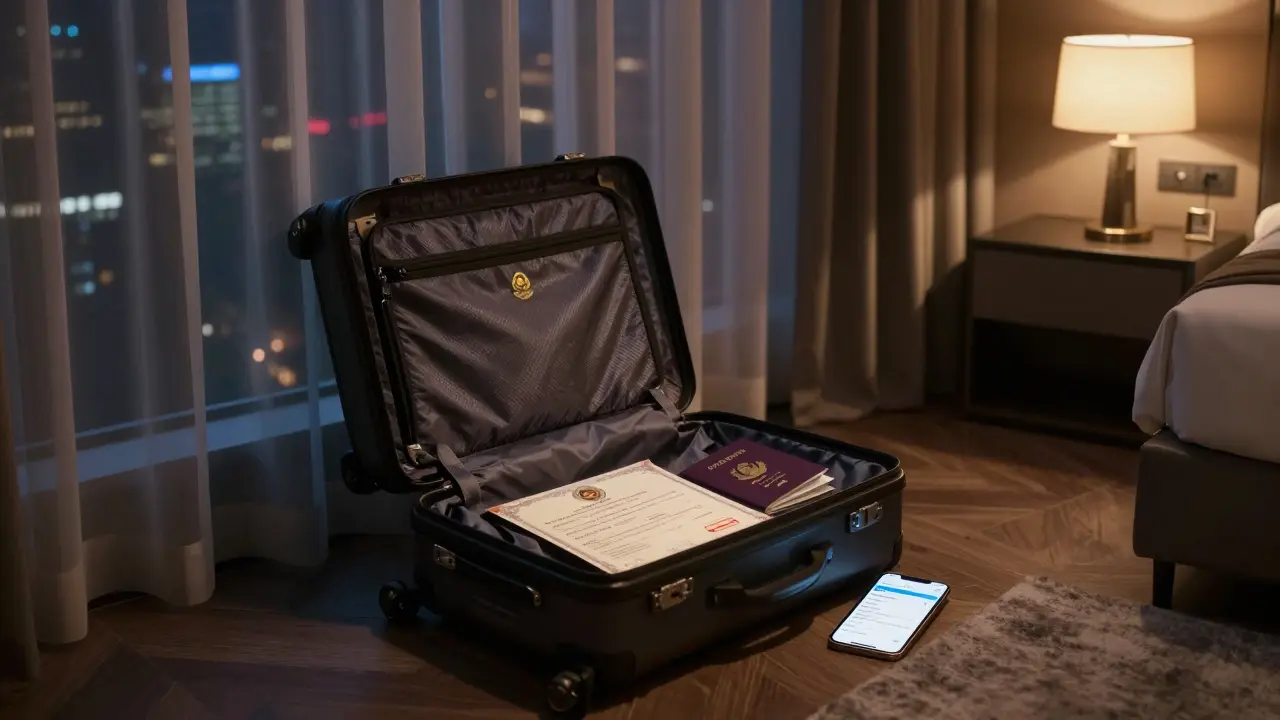 Luxury hotel room with open suitcase showing marriage certificate and phone with dating app, dim lighting.