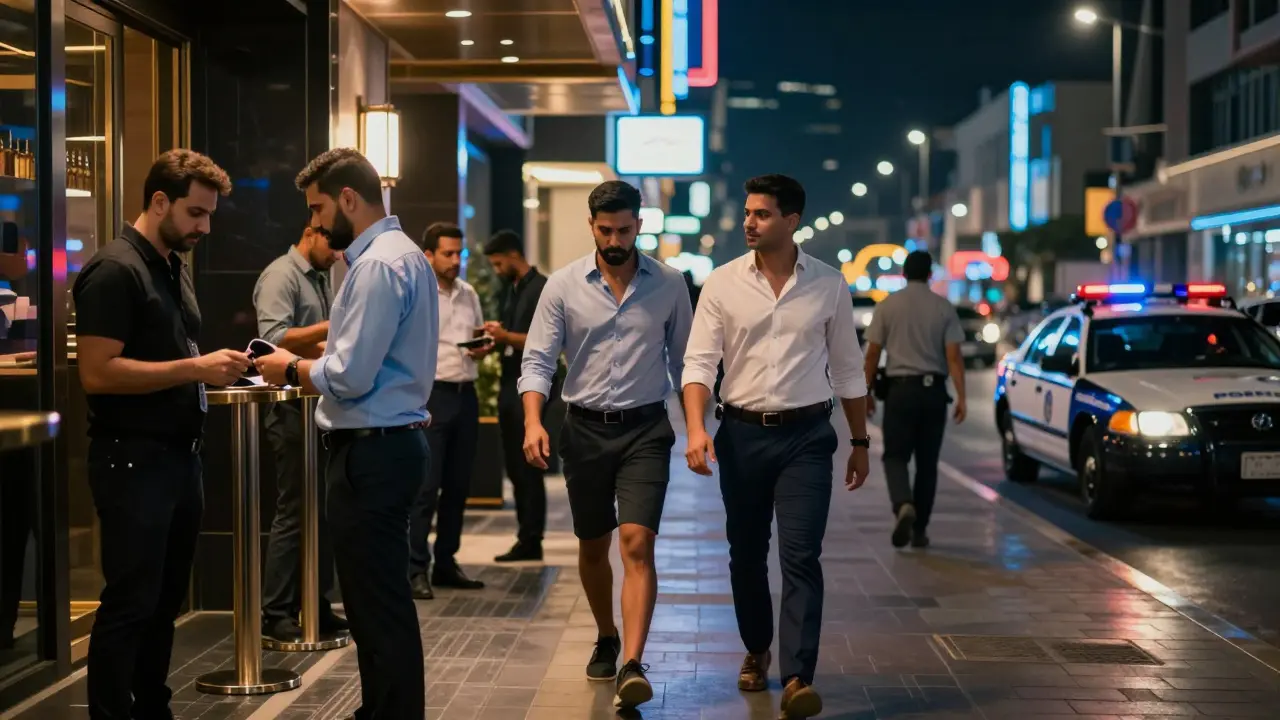 Men entering a luxury Dubai nightclub while police patrol nearby, no public alcohol visible.