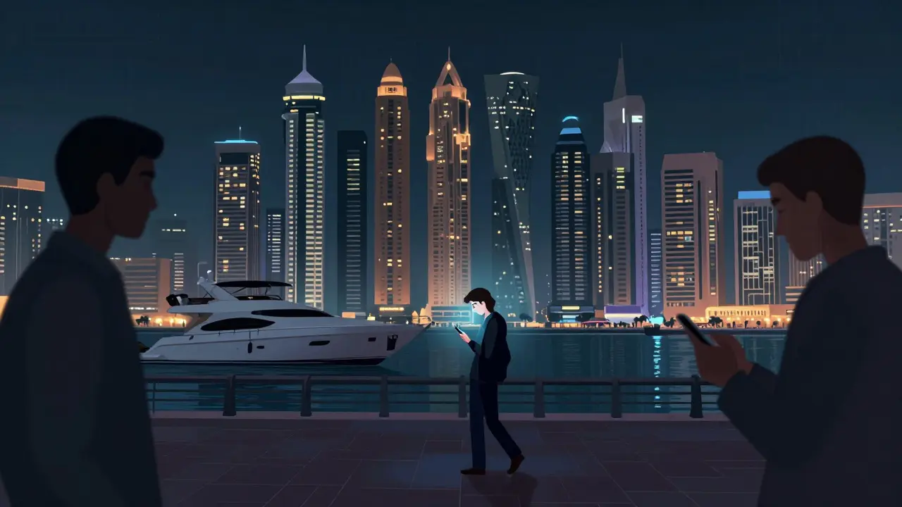 Nighttime Dubai Marina skyline with a solitary figure walking along the promenade, illuminated by a smartphone screen.