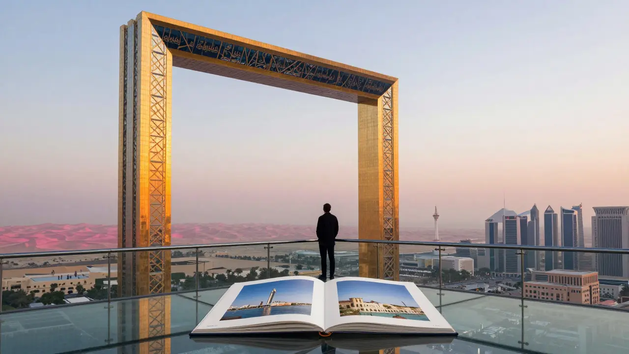 One man on Dubai Frame's glass walkway, viewing old and new Dubai below at golden hour.