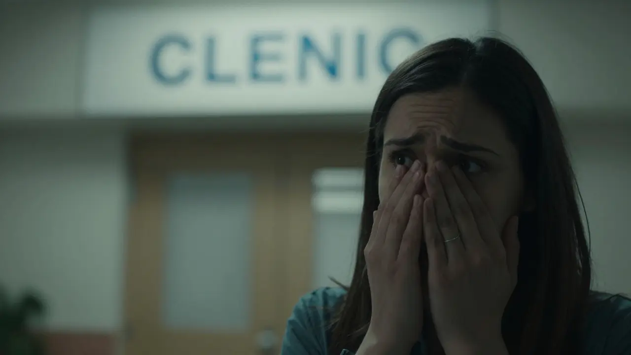 Person hesitating outside clinic, anxious expression, blurred medical building background