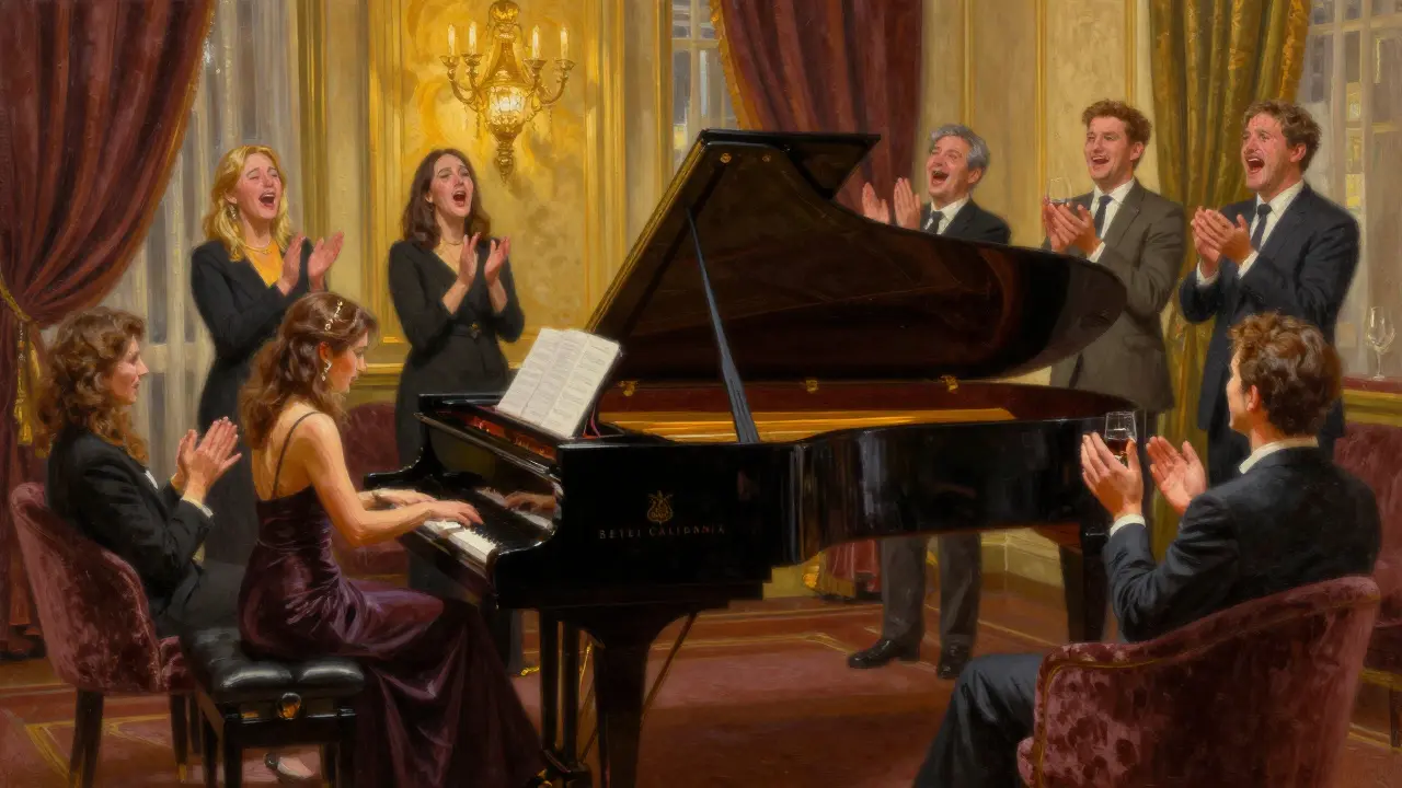 Pianist playing a Steinway as guests sing 'Hotel California' with emotion in a luxurious setting.
