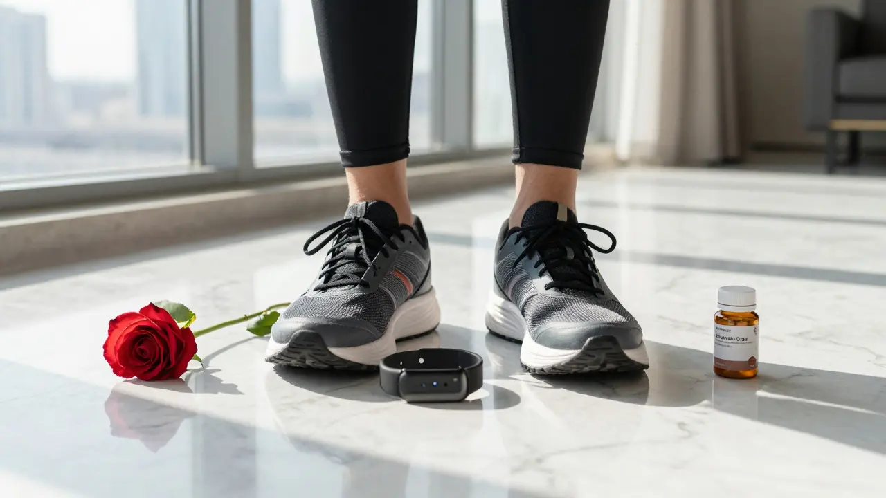 Running shoes and a rose placed together with fitness gear on a sunlit floor.