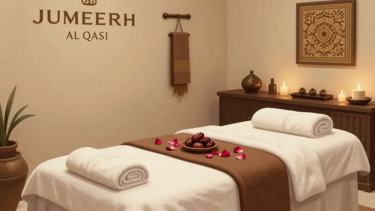 Serene spa room with Arabian decor and rose petals.