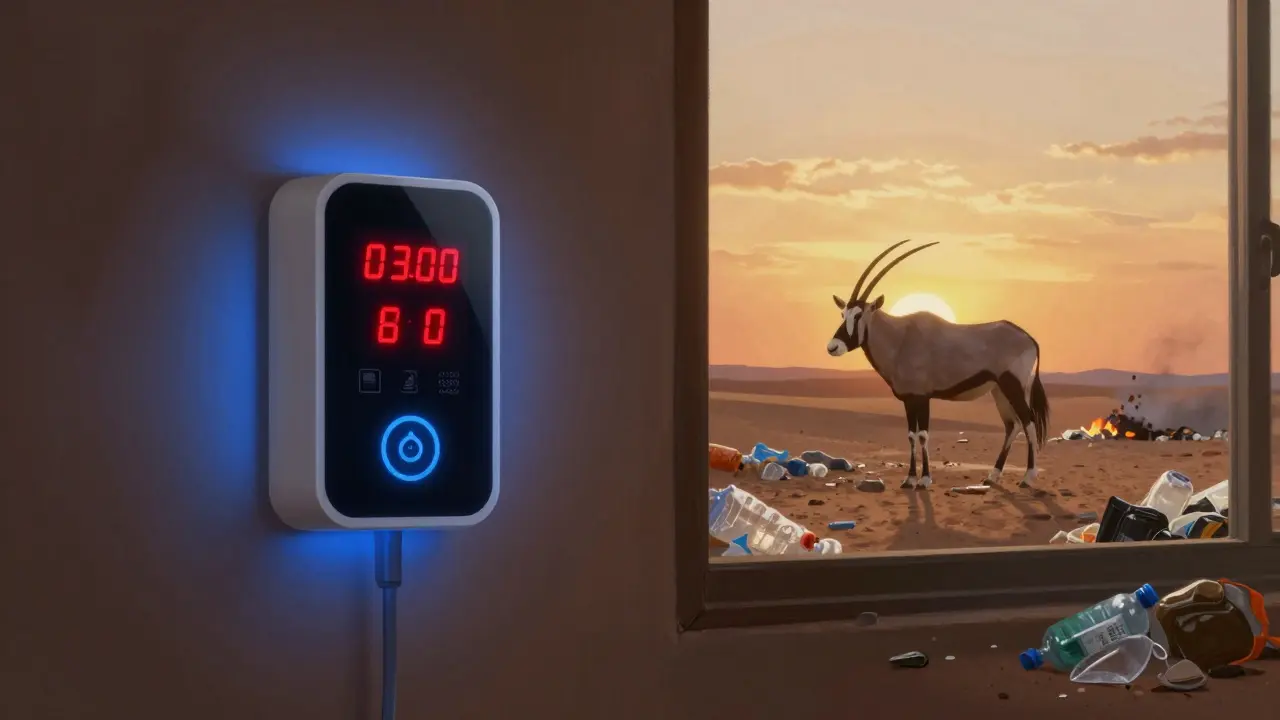 Smart water sensor alerting excess use as an Arabian oryx watches from the desert horizon.