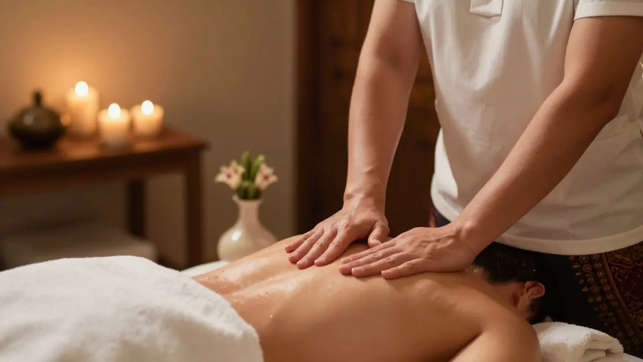 Therapist performing Thai massage in luxury resort spa.