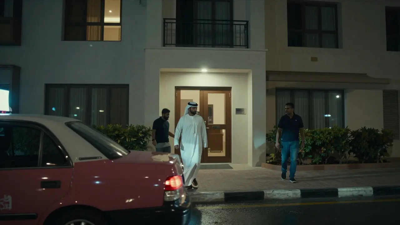 Three men from different backgrounds entering luxury apartments in Dubai at night, anonymous and discreet.
